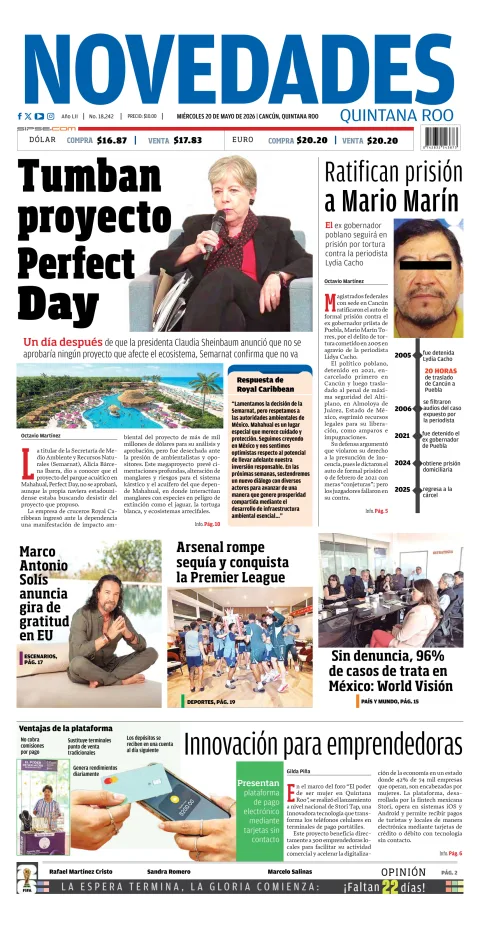 Portada de Novedades Quintana Roo del miércoles, 20 de mayo de 2026