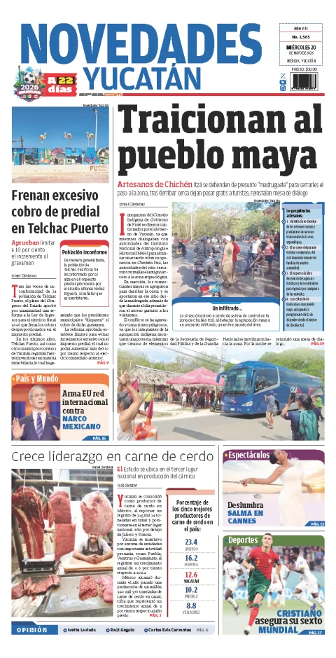 Portada de Novedades Yucatan del miércoles, 20 de mayo de 2026
