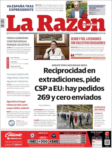 Portada de La Razon del miércoles, 20 de mayo de 2026