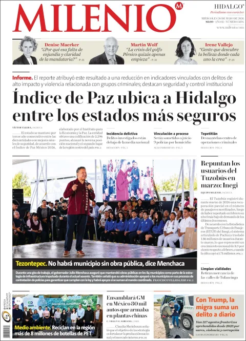 Portada de Milenio Hidalgo del miércoles, 20 de mayo de 2026