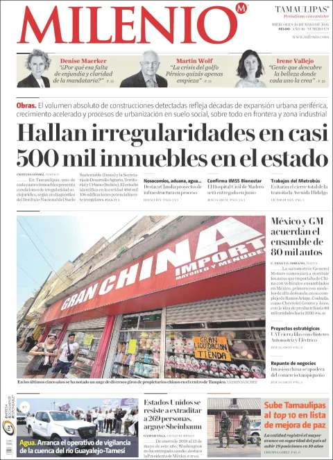 Portada de Milenio Tamaulipas del miércoles, 20 de mayo de 2026