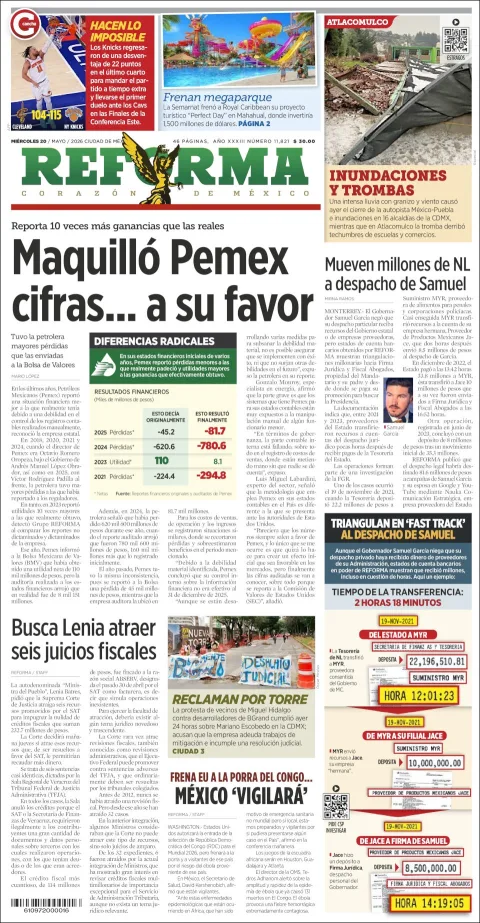 Portada de Reforma del miércoles, 20 de mayo de 2026