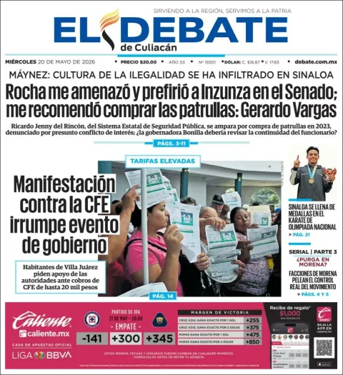 Portada de El Debate de Culiacan del miércoles, 20 de mayo de 2026