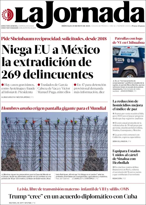 Portada de La Jornada del miércoles, 20 de mayo de 2026