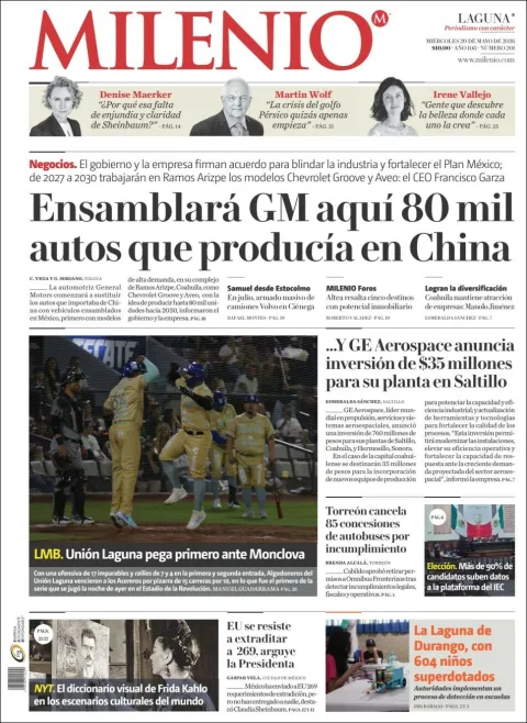Portada de Milenio Laguna del miércoles, 20 de mayo de 2026