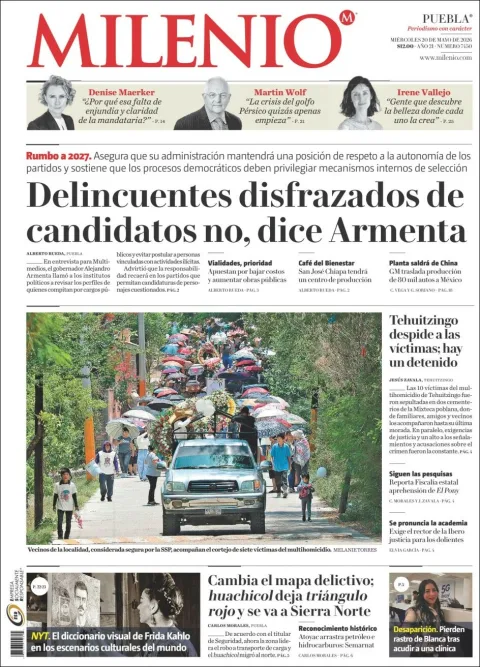 Portada de Milenio Puebla del miércoles, 20 de mayo de 2026