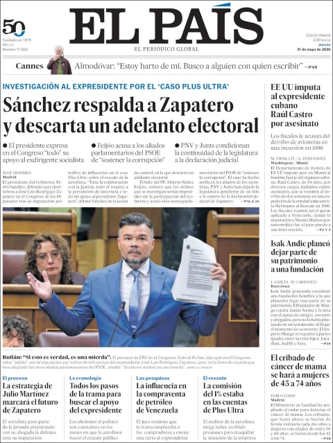 Portada de El Pais del jueves, 21 de mayo de 2026