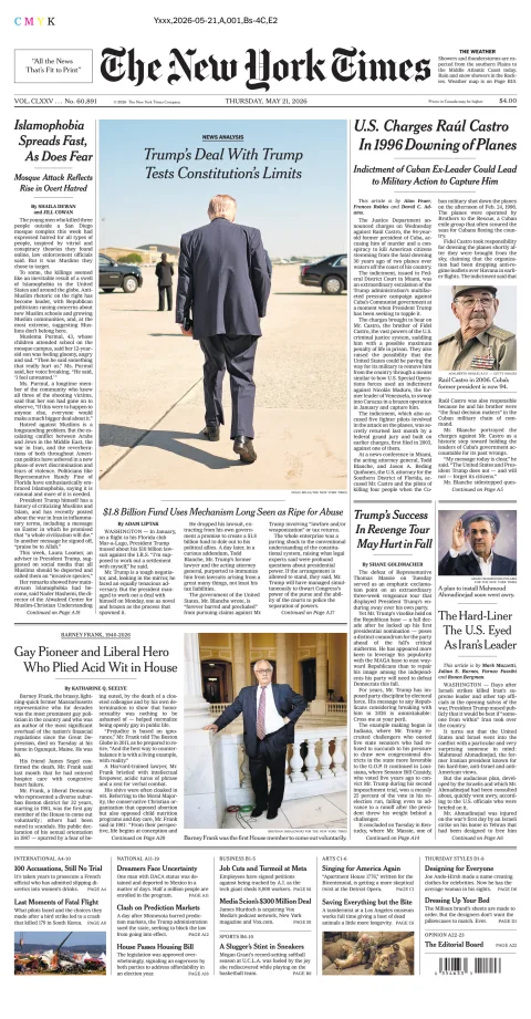 Portada de The New York Times (national) del jueves, 21 de mayo de 2026