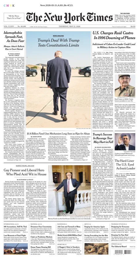 Portada de The New York Times (new York) del jueves, 21 de mayo de 2026