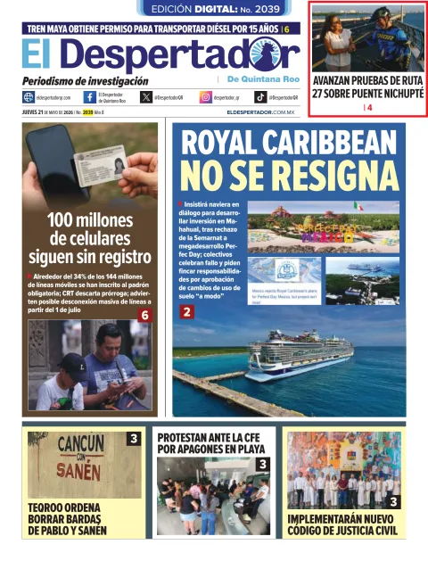 Portada de El Despertador de Quintana Roo del jueves, 21 de mayo de 2026