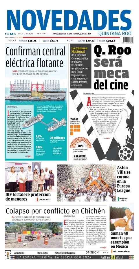 Portada de Novedades Quintana Roo del jueves, 21 de mayo de 2026