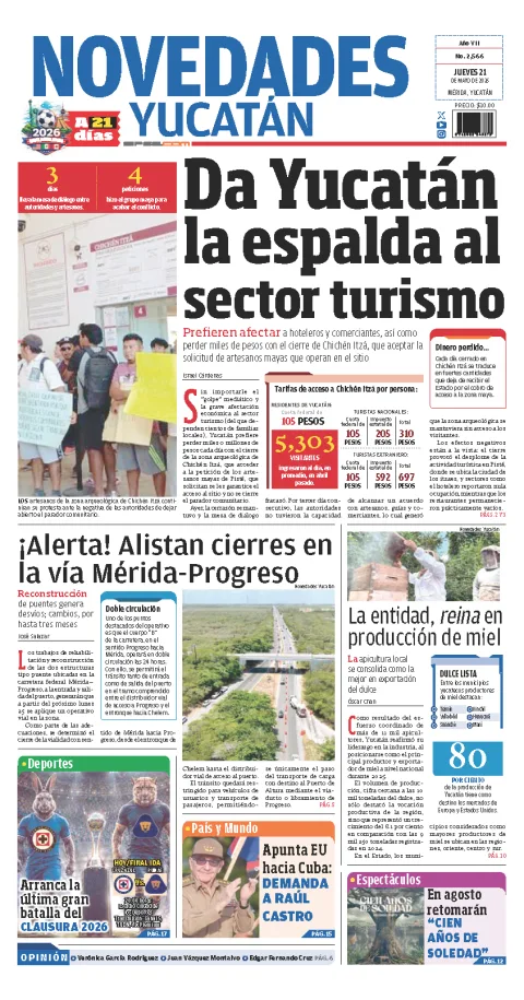 Portada de Novedades Yucatan del jueves, 21 de mayo de 2026