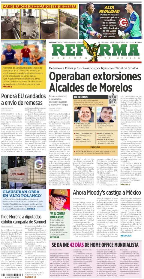 Portada de Reforma del jueves, 21 de mayo de 2026