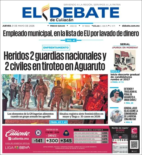 Portada de El Debate de Culiacan del jueves, 21 de mayo de 2026