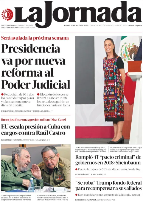 Portada de La Jornada del jueves, 21 de mayo de 2026