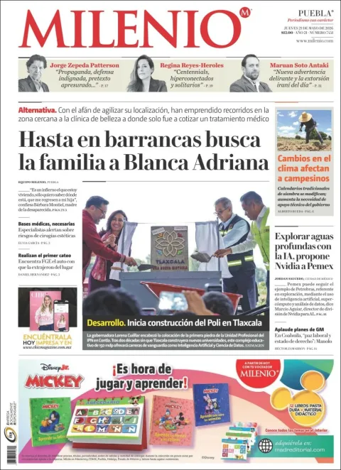 Portada de Milenio Puebla del jueves, 21 de mayo de 2026