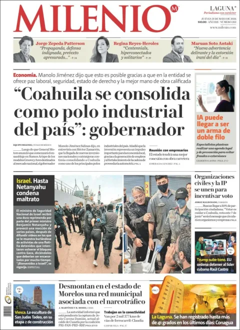 Portada de Milenio Laguna del jueves, 21 de mayo de 2026