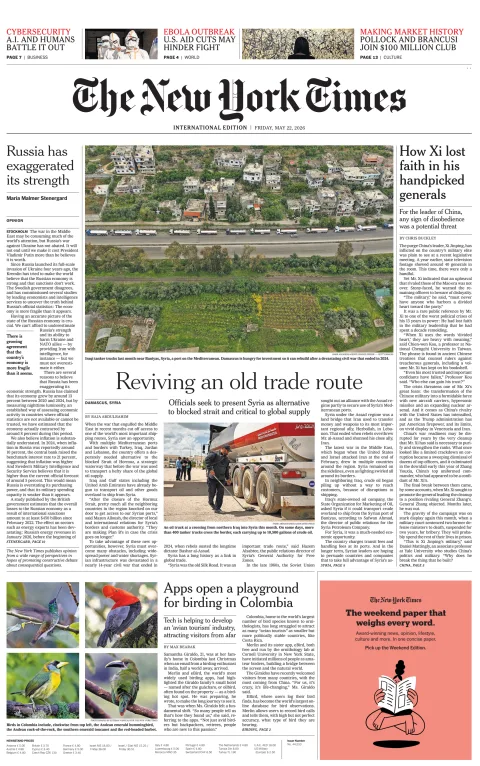 Portada de The New York Times (international) del viernes, 22 de mayo de 2026