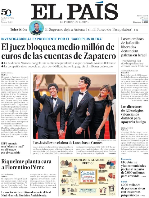 Portada de El Pais del viernes, 22 de mayo de 2026