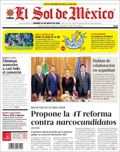 Portada de El Sol de Mexico del viernes, 22 de mayo de 2026
