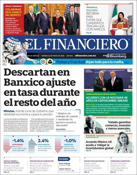 Portada de El Financiero del viernes, 22 de mayo de 2026