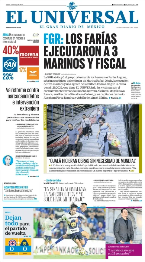 Portada de El Universal del viernes, 22 de mayo de 2026
