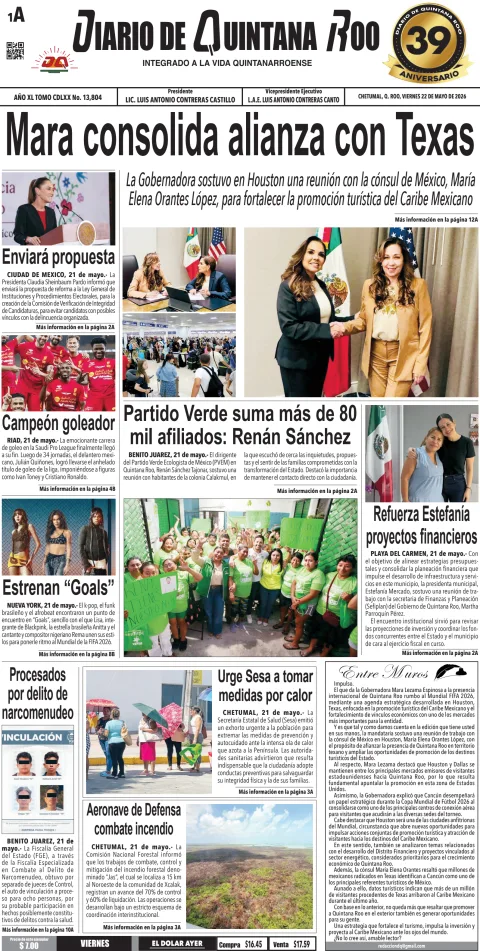 Portada de Diario de Quintana Roo (portada) del 2026-05-22