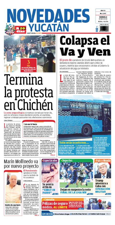 Portada de Novedades Yucatan del viernes, 22 de mayo de 2026
