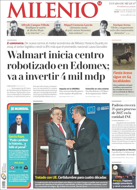 Portada de Milenio Edo de Mexico del viernes, 22 de mayo de 2026