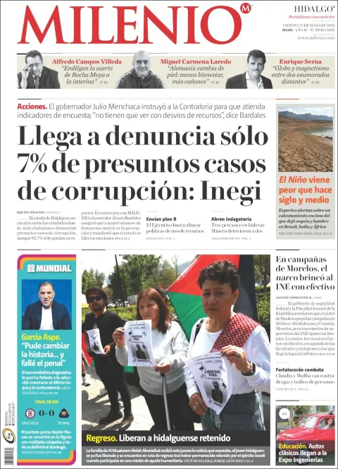Portada de Milenio Hidalgo del viernes, 22 de mayo de 2026