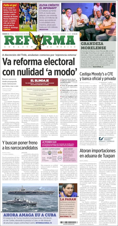 Portada de Reforma del viernes, 22 de mayo de 2026