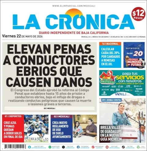 Portada de La Cronica del viernes, 22 de mayo de 2026