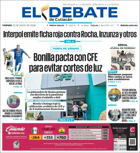 Portada de El Debate de Culiacan del viernes, 22 de mayo de 2026