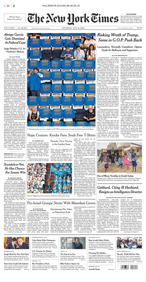 Portada de The New York Times (national) del sábado, 23 de mayo de 2026