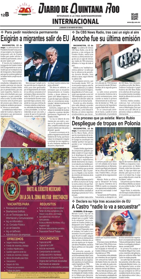 Portada de Diario de Quintana Roo (contra Portada) del sábado, 23 de mayo de 2026
