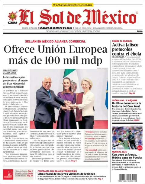 Portada de El Sol de Mexico del sábado, 23 de mayo de 2026