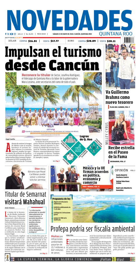 Portada de Novedades Quintana Roo del sábado, 23 de mayo de 2026