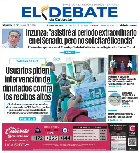 Portada de El Debate de Culiacan del sábado, 23 de mayo de 2026