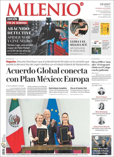 Portada de Milenio del sábado, 23 de mayo de 2026