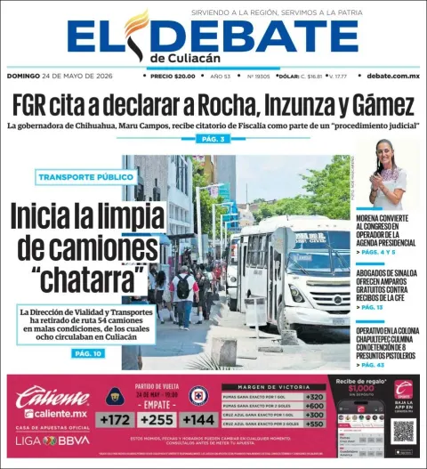 Portada de El Debate de Culiacan del domingo, 24 de mayo de 2026