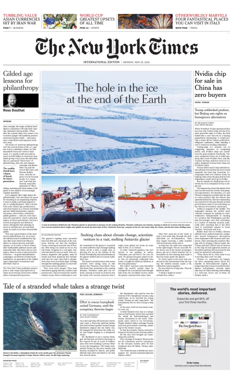 Portada de The New York Times (international) del lunes, 25 de mayo de 2026