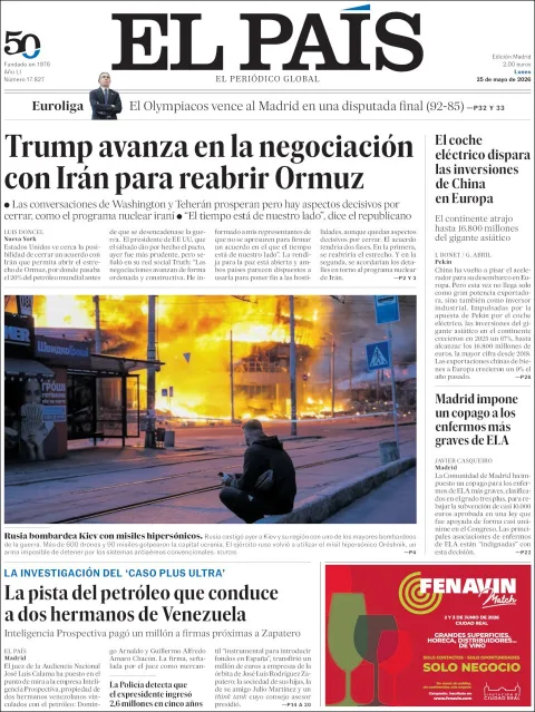 Portada de El Pais del lunes, 25 de mayo de 2026