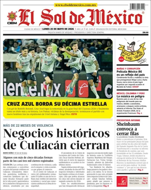 Portada de El Sol de Mexico del lunes, 25 de mayo de 2026