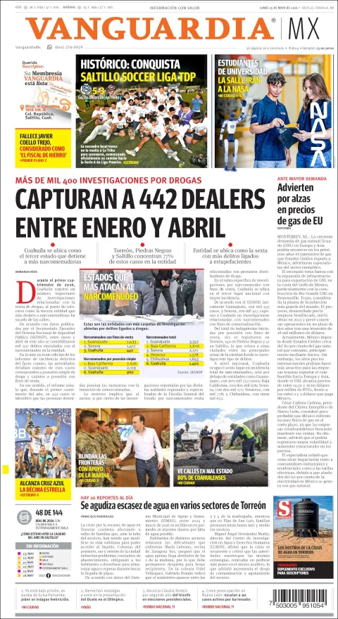 Portada de Vanguardia del lunes, 25 de mayo de 2026