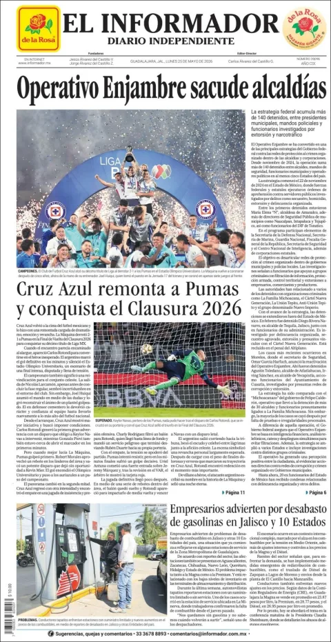 Portada de El Informador del lunes, 25 de mayo de 2026