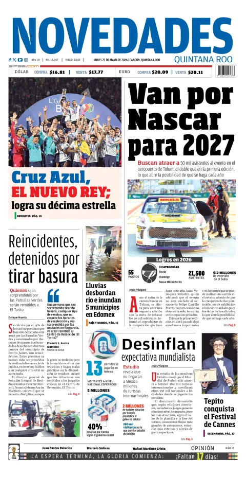 Portada de Novedades Quintana Roo del lunes, 25 de mayo de 2026
