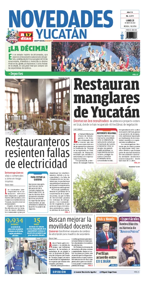 Portada de Novedades Yucatan del lunes, 25 de mayo de 2026