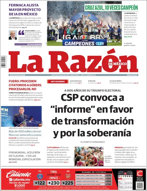 Portada de La Razon del lunes, 25 de mayo de 2026