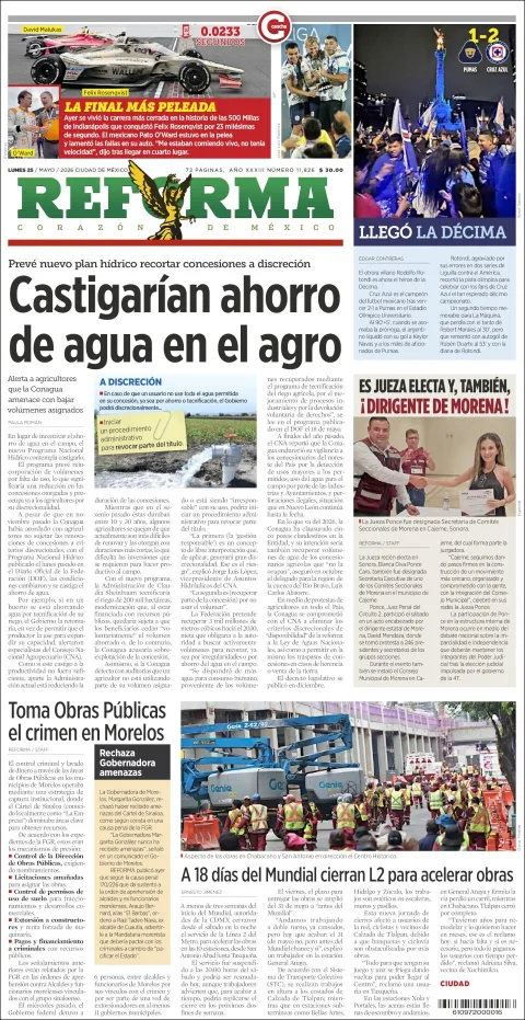 Portada de Reforma del lunes, 25 de mayo de 2026