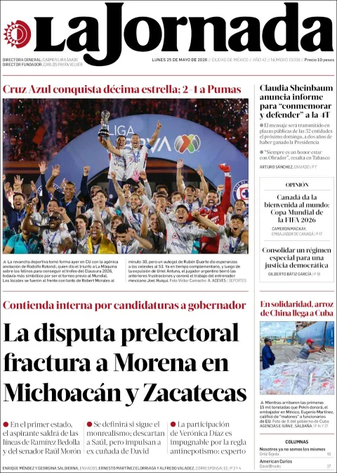 Portada de La Jornada del lunes, 25 de mayo de 2026